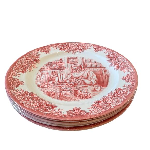4pc Royal Stafford Christmas SANTA'S WORKSHOP Porcelain Dinner Plates 11" Red - Picture 5 of 15